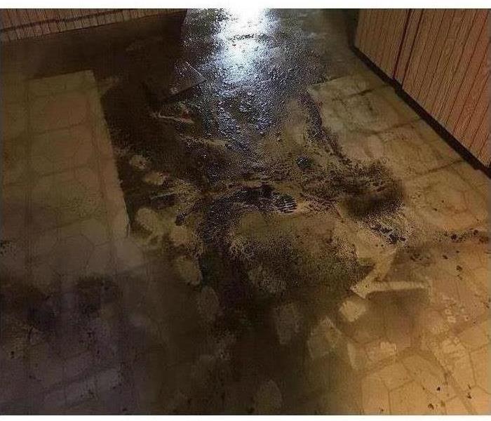 Tile floor covered in sewage water from drain back up