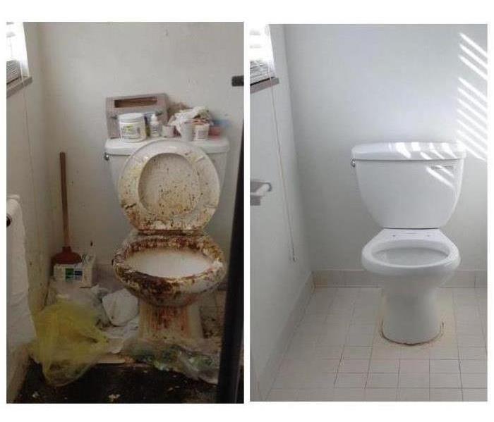 toilet and bathroom covered in sewage on the left and a clean bathroom on the right after being restored