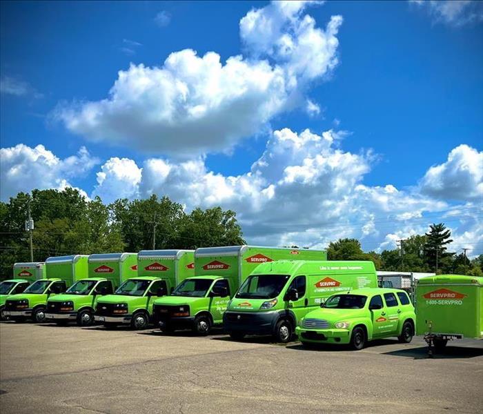 Our SERVPRO fleet of trucks lined up and ready to head out for the day