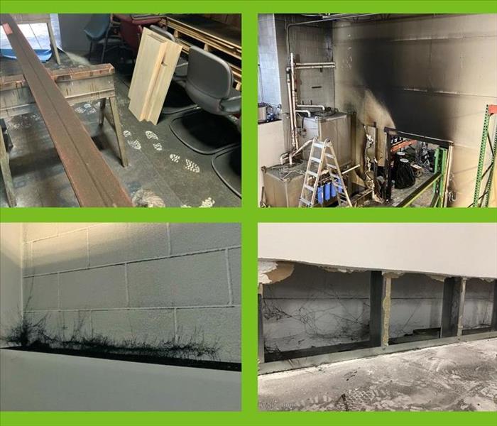 Four photos showing the extensive soot damage walls, floors, and contents in a large warehouse